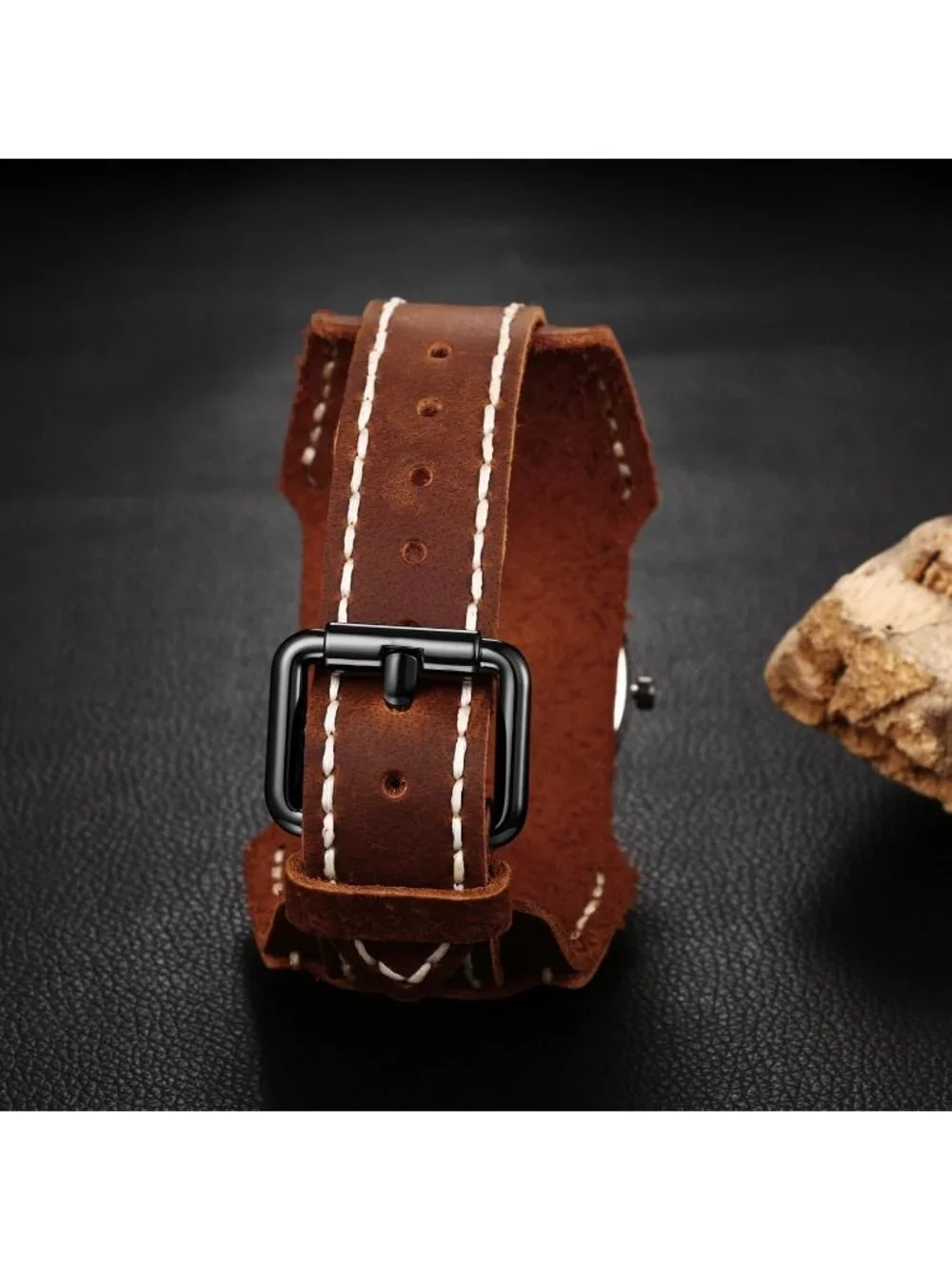 Men's Brown Analog Quartz Steampunk Leather Gothic Skull Wide Cuff Wrist Watch